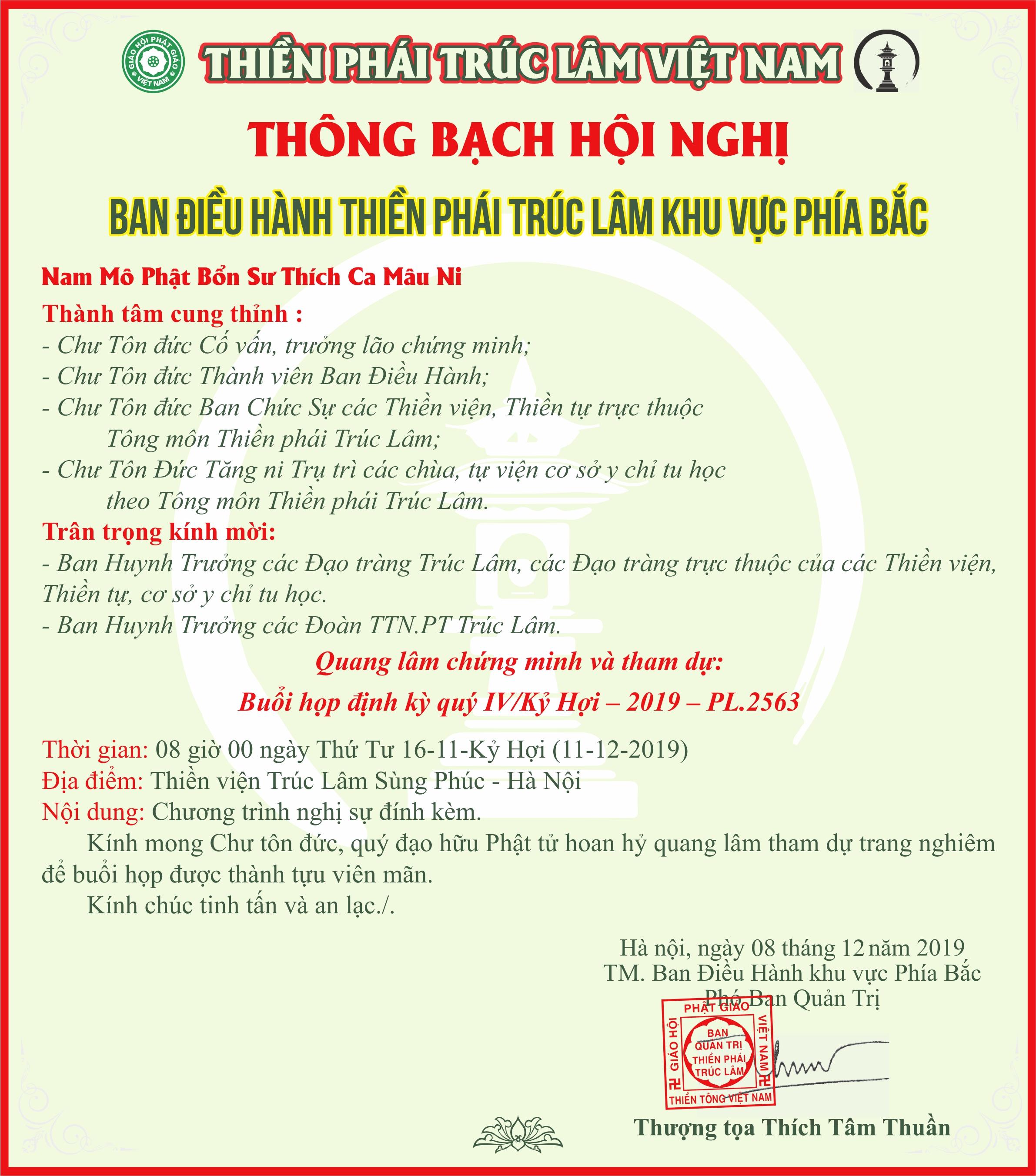 Mời họp Ban Điều Hành Thiền phái Trúc Lâm phía Bắc Quý IV - 2019