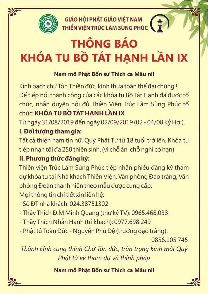 THÔNG BÁO KHÓA TU BỒ TÁT HẠNH LẦN IX