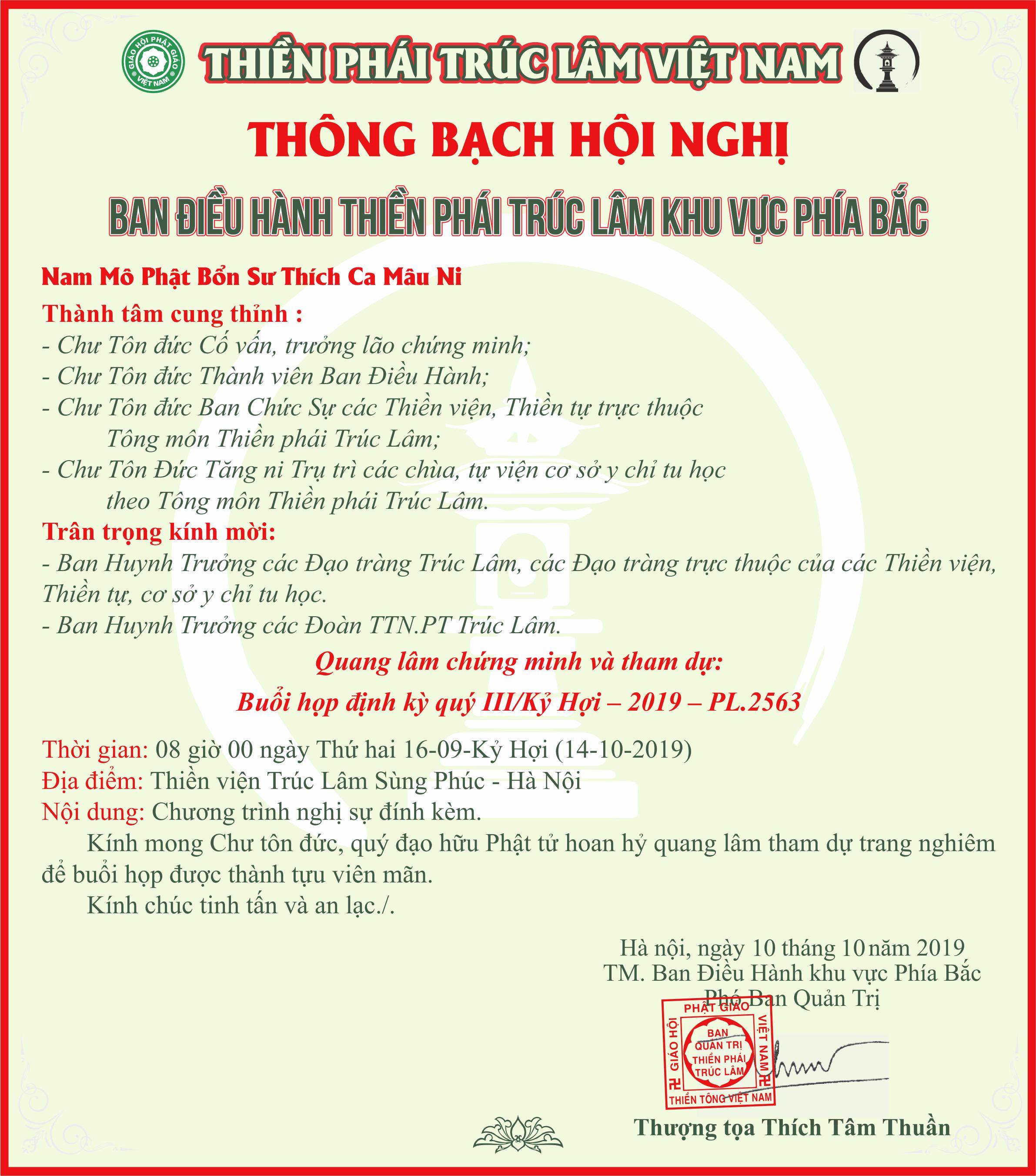 Mời họp Ban Điều Hành Thiền phái Trúc Lâm phía Bắc Quý III - 2019